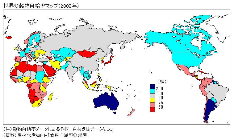 世界の穀物自給率マップ（２０１３年）