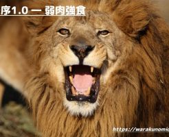 牙を見せるライオンと［秩序1.0―弱肉強食」の文字
